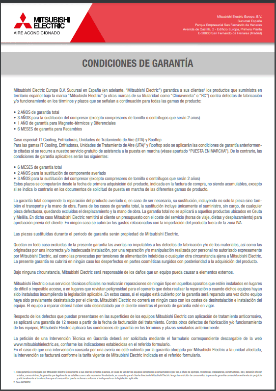 MITSUBISHI ELECTRIC ECODAN - Condiciones de la Garantía 2021-2022