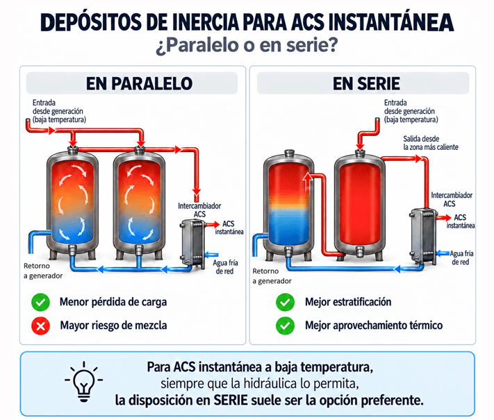 Depósitos de inercia en serie vs. paralelo para ACS instantánea con aerotermia