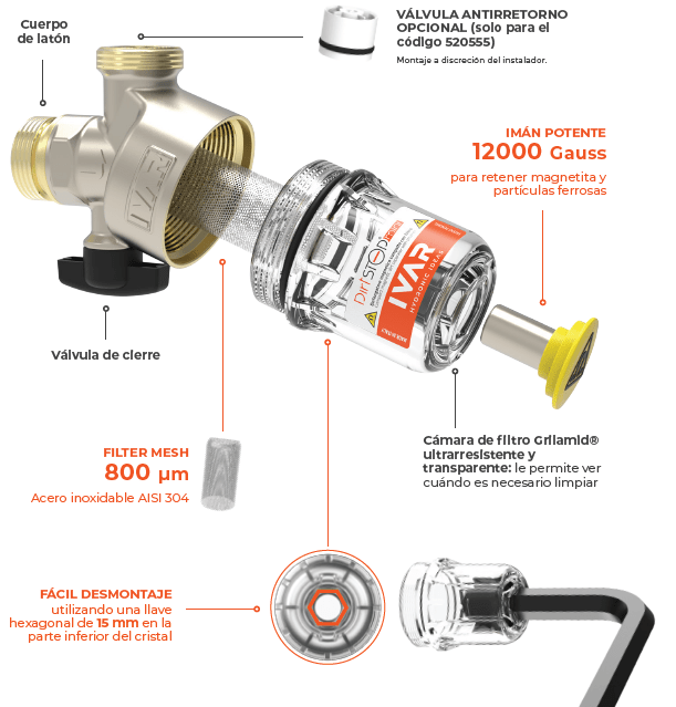 Desfangador Ultracompacto Ivar Dirtstop Mini, para caldera, con y sin válvula de retención